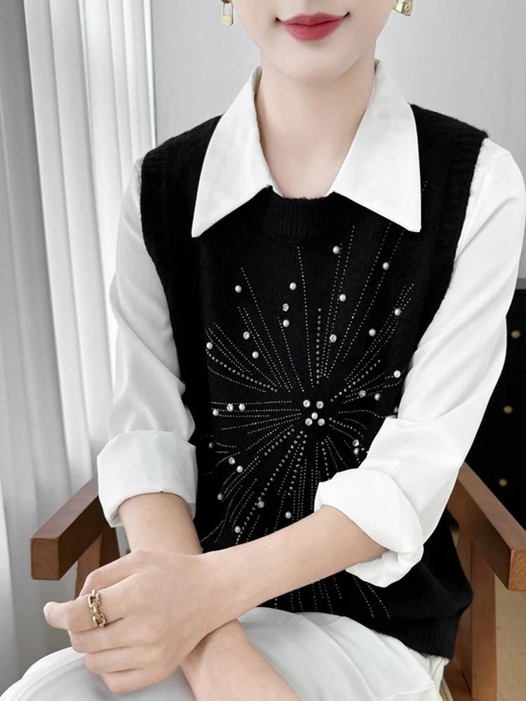 

Новинка 2023 года, вязаный жилет с тяжелыми бусинами, женский многослойный свитер irt, дизайн, внутренняя одежда, топ Jaet, круглый топ для поездок на работу, Ne