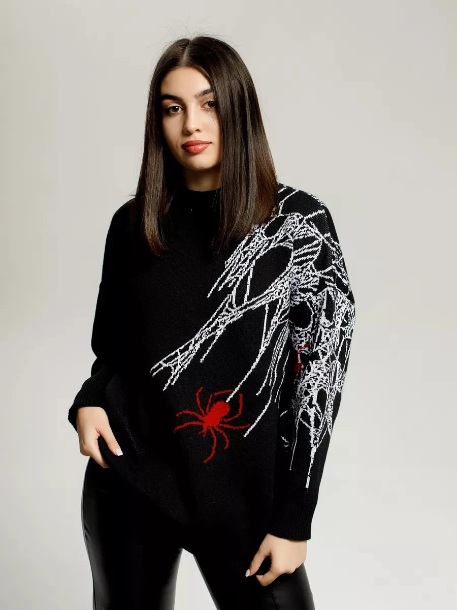 Women's Spider Web Print Loose Long Sleeve Gothic Hip Hop Streetwear Sweater Y2K Spider Print Oversized Sweater