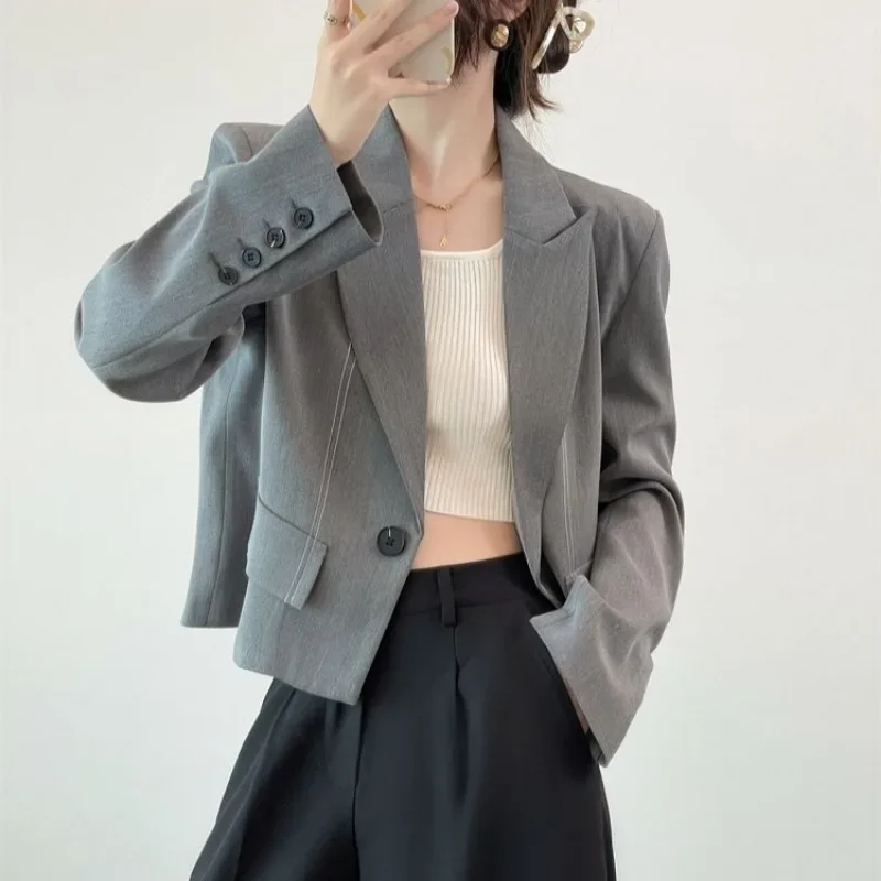 Blazer crop Mode Korea wanita, baju kantor elegan modis gaya malas desain Retro berkancing bergaris musim gugur trendi