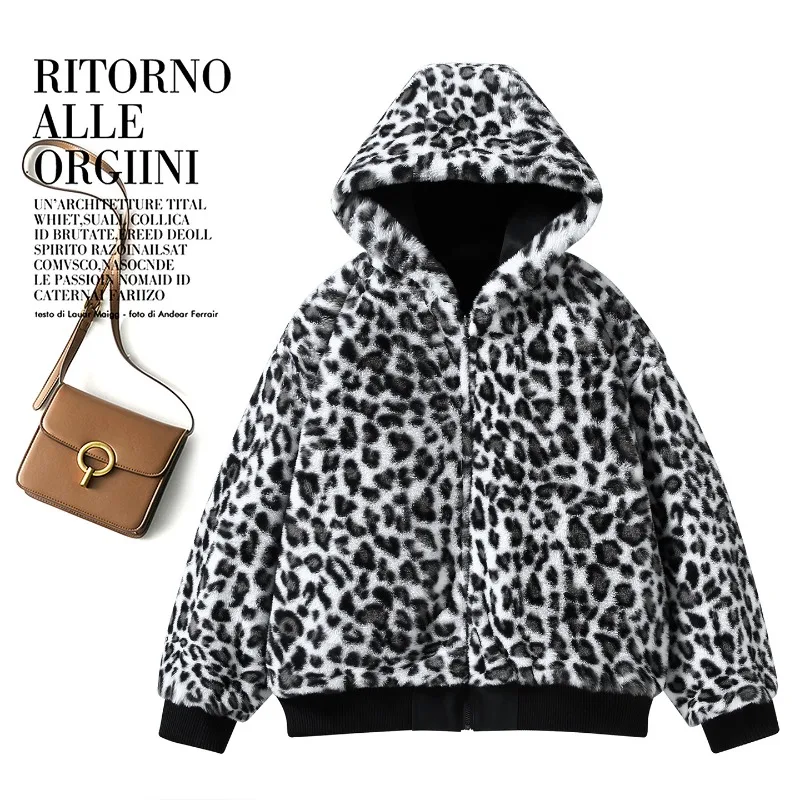 Women Double-sided Penetration Leopard Print Cotton Padded Jacket Winter Coat Parkas Velvet Warm Hooded Retro Female Outerwear