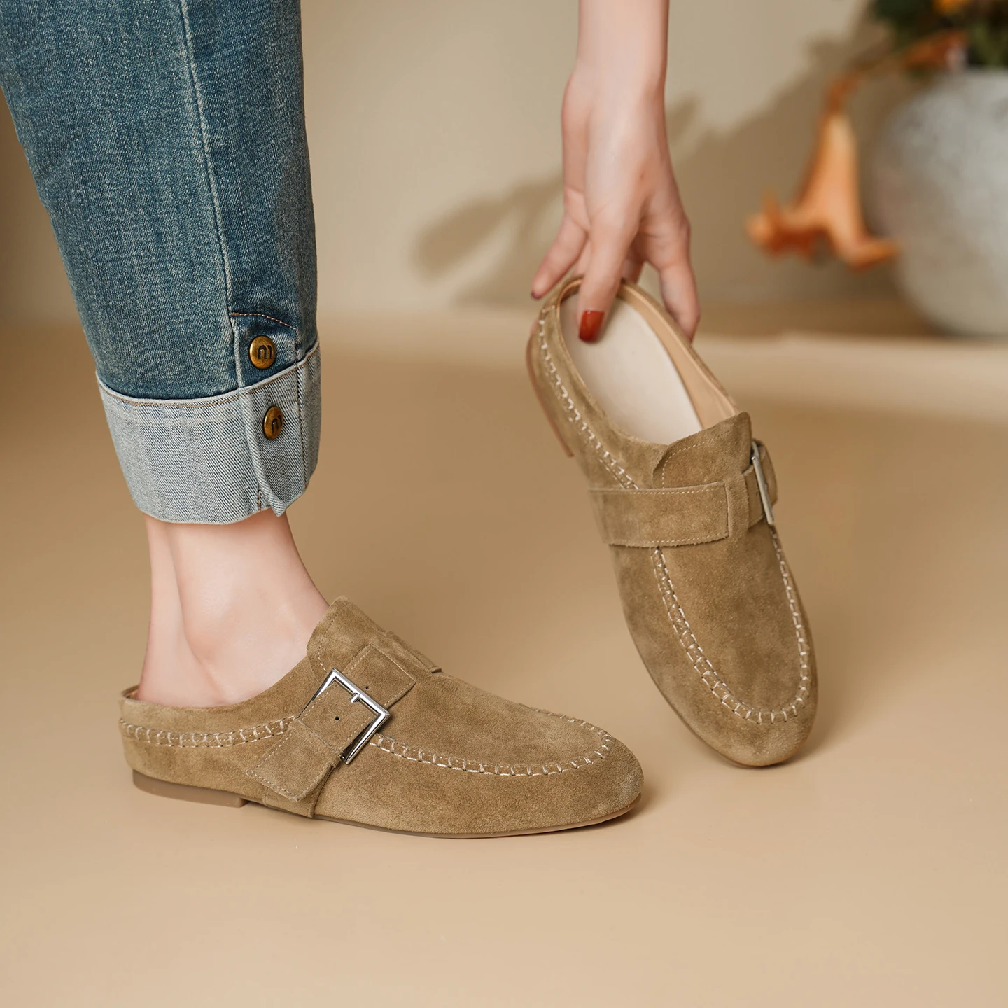 Genuine Leather Sheepskin Suede Women Shoes,Slip-on  Belt buckle Fashion Slippers,Classic Women Mules