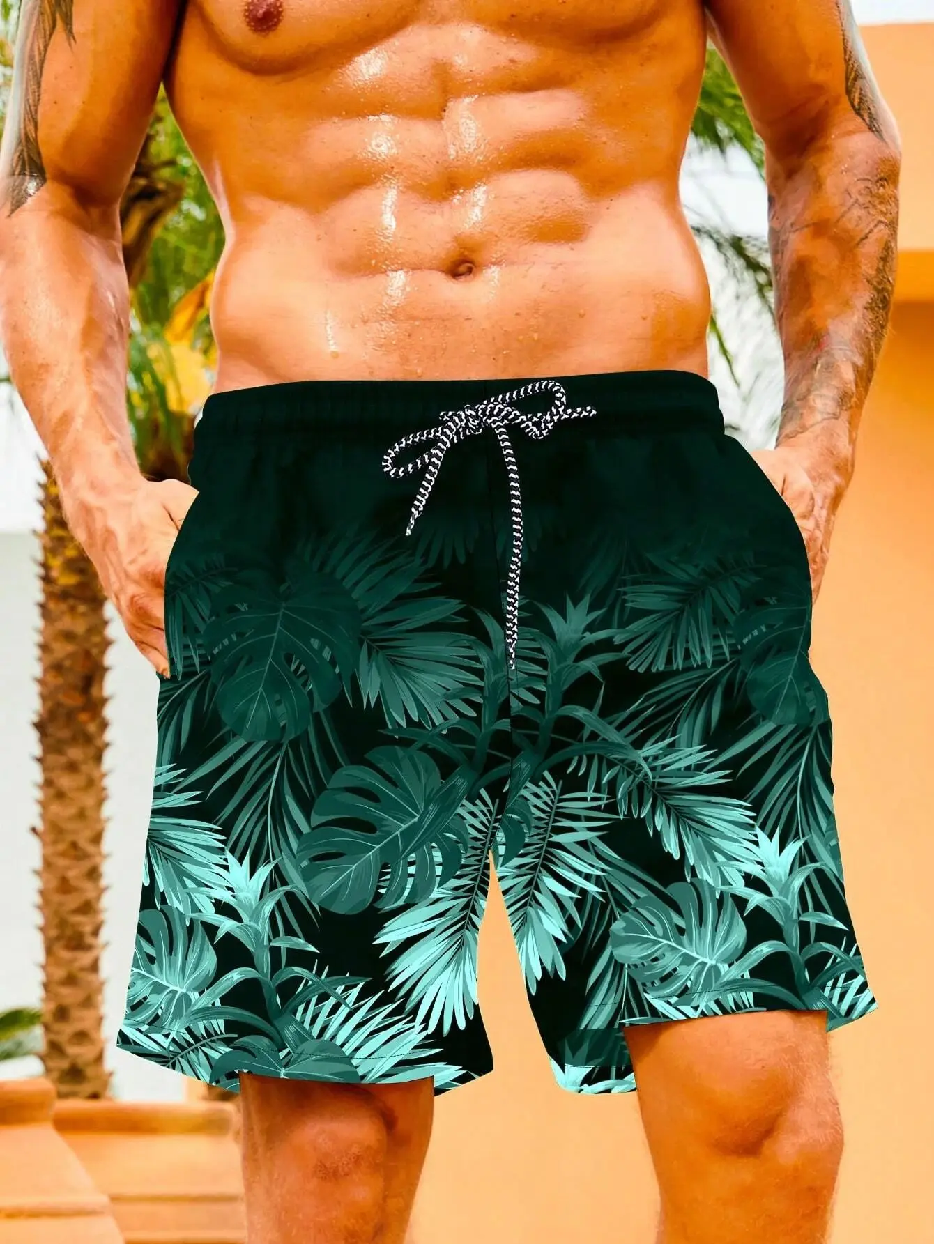 

Men's 3D Hawaiian Gradient Palm Tree Print Design Beach Shorts Quick-Drying Outdoor Casual Sports Shorts Men's Fashion Clothing