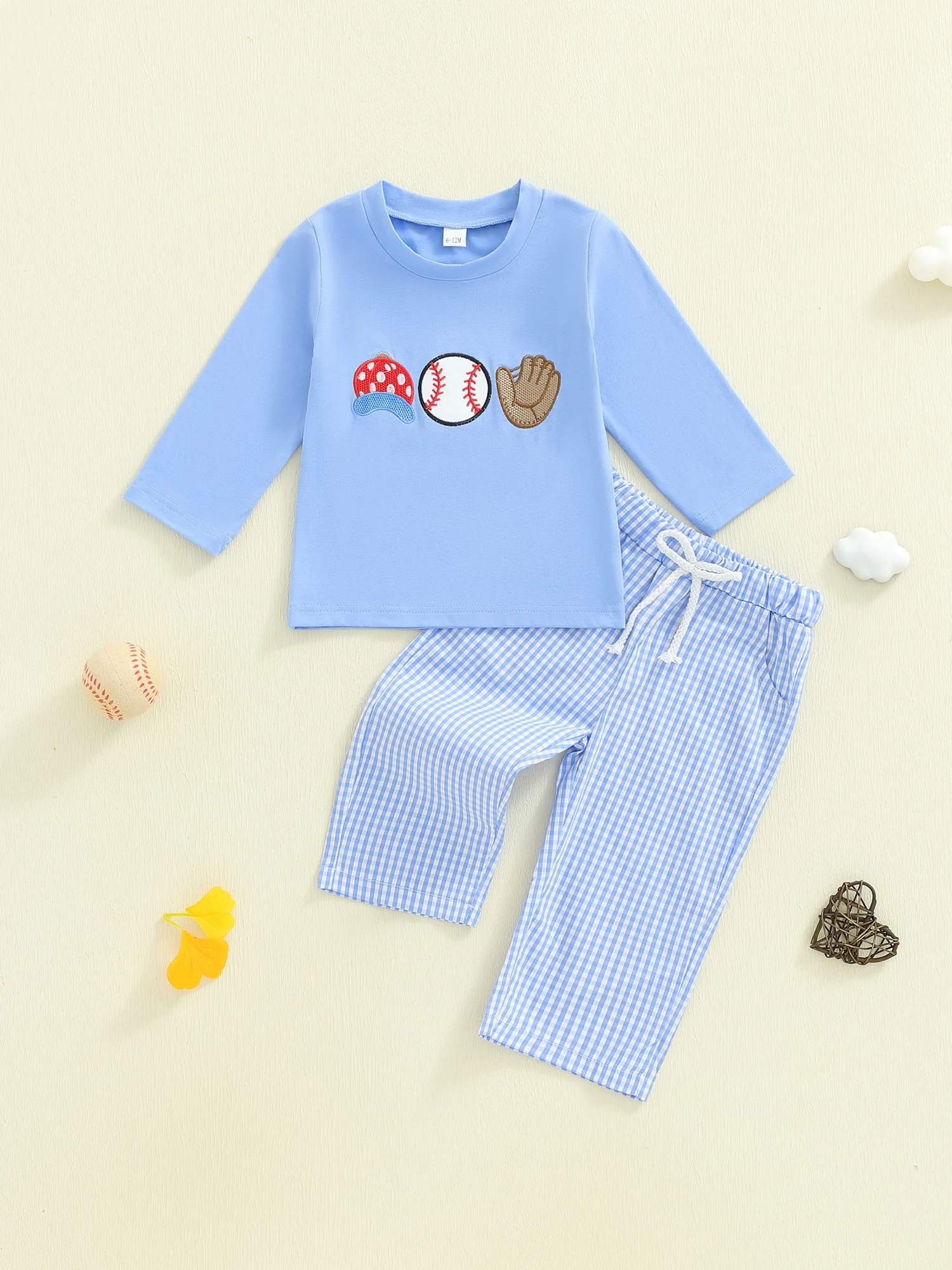 

Adorable Infant Boy Autumn Outfit with Baseball-Inspired Embroidery Cozy Crewneck Sweatshirt and Stylish Plaid Pants Set