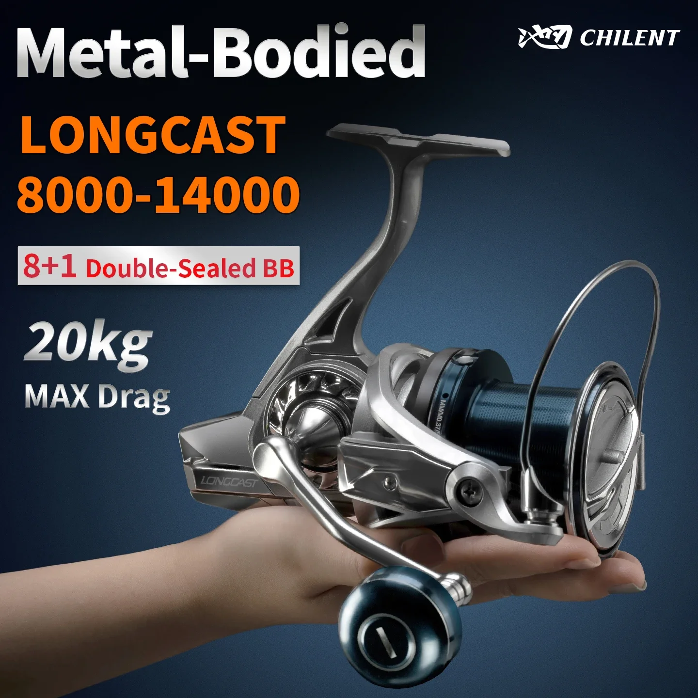 גלגולת ספינינג CHILENT LONGCAST 8000-14000 8+1 עם סגירה כפולה BB במשקל מרבי של 20 קילוגרם, עם גוף מתכתי, מתאימה לדיג ולשימוש יומיומי