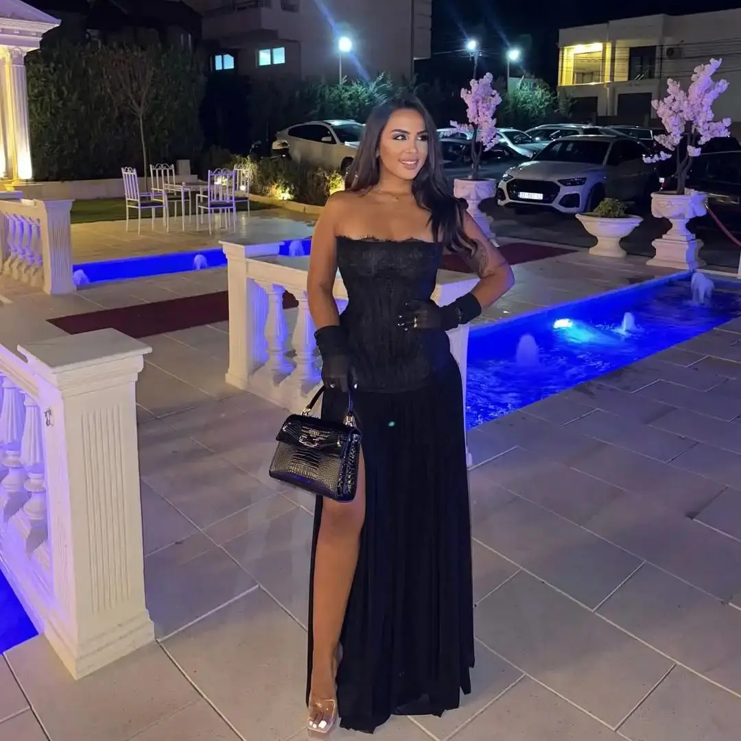 Ofherown Pleat Lace  Evening Strapless Evening Dresses High Slit Prom Gowns Special Occasion فساتين سهرة Customized