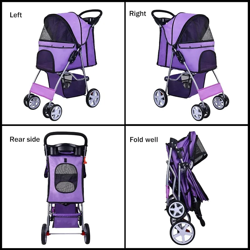 4 Wheels Multifunction Dog Cat Stroller, Folding Portable Travel Stroller with Detachable Carrier, for Medium Small Dogs Cats