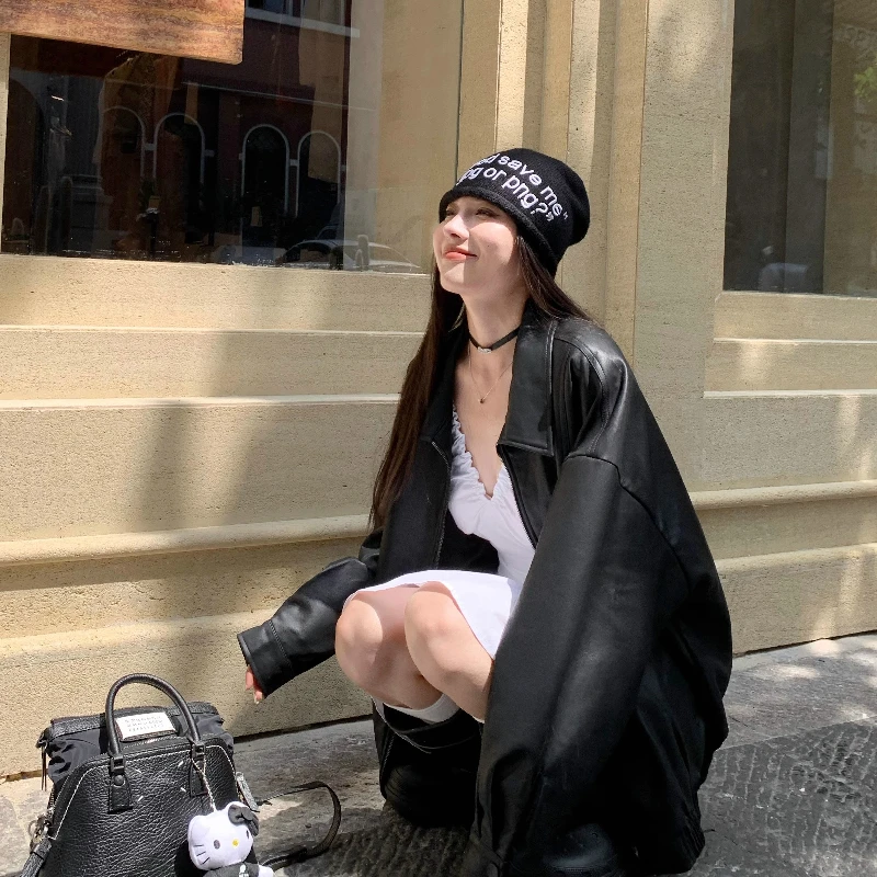 Automne 2024 femmes coupe ample décontracté Bla cuir Jaet Long Sve moto Jaet ort vêtements d'extérieur effet minceur