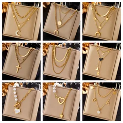 OIMG 316L Stainless Steel Moon Stars Heart Long Tassel Pendant Necklace For Women New Gold Color 3in1 Choker Chains Jewelry Gift