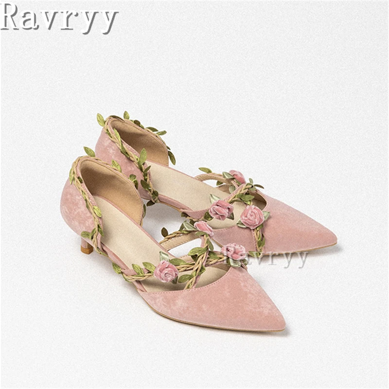 Pink Flower Vine Pointed Toe Pumps Women Shallow Middle Heel Fairy Style Female Shoes Sweet Summer New Design Sandals