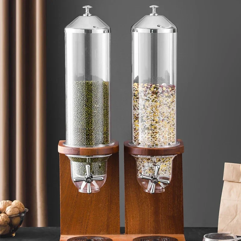 4L 8L 12L Removable Dry Grain Dispenser Dual Control Sapper Wooden Base Grain Dispenser with 2pc Kitchen Container