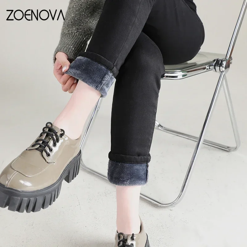 ZOENOVA Fleece Velvet Elastic Women\'s Jeans 2023 Winter Thicken Warm  High Waist Skinny Pants Casual Straight Jean Woman Jegging