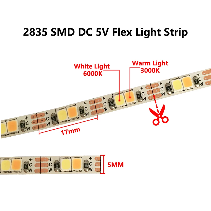 120LEDs/m 5M Dual Color SMD2835 CCT Dimmable 5V DC WW CW Color Temperature Adjustable Flexible 5MM Narrow LED Strip Light Tape