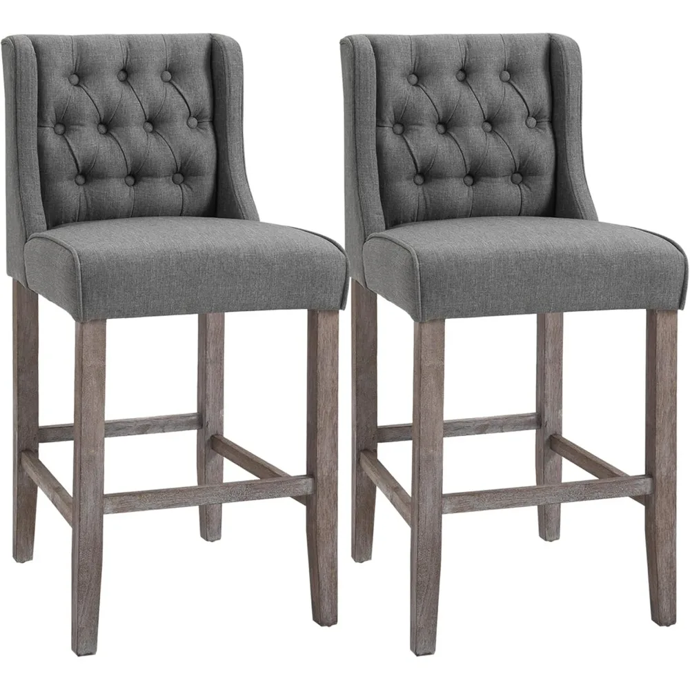 مقعد بار بارتفاع 26.25، كرسي طعام مبطن بدون ذراعين مع أرجل خشبية مطاطية، طقم من قطعتين، رمادي #1