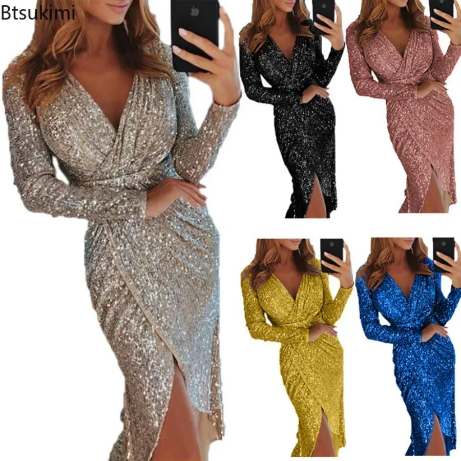 2024 Spring Summer Gold Sliver Green Sequined Party Dress Women Front Split Bodycon Party Vestidos Bling Clubwear Dress Vestidos