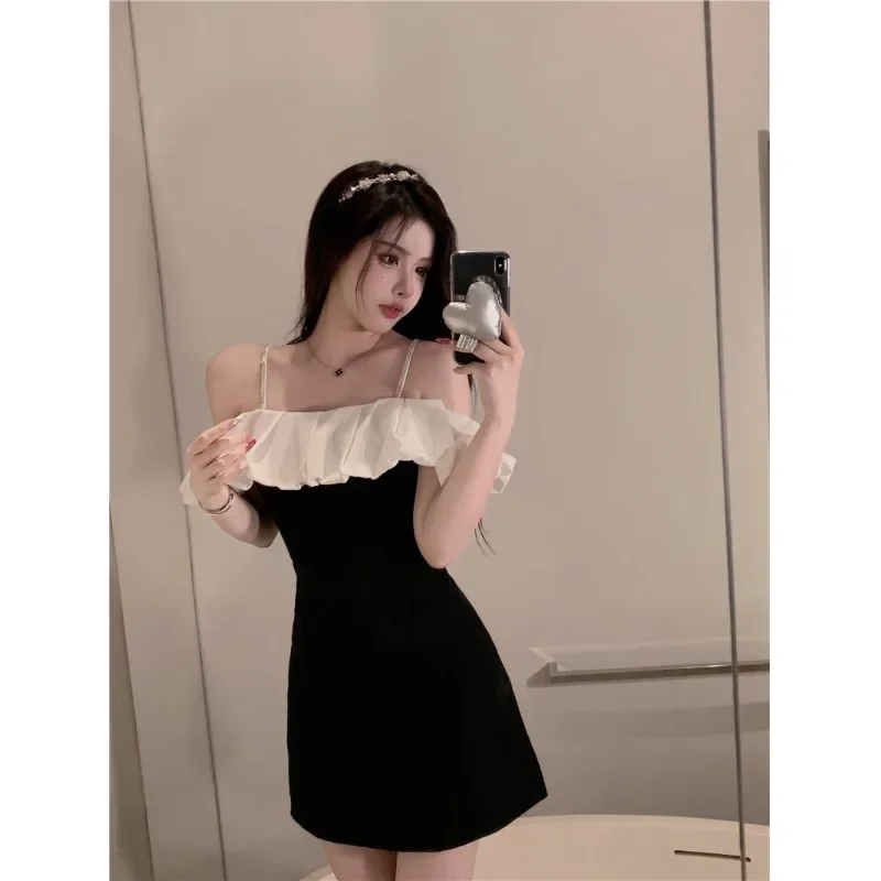 Ruffled Off Shoulder Birthday Dress for Women Summer New Slash Neck Strap Short Suit Dress Sexy Straples Black Party Dresses