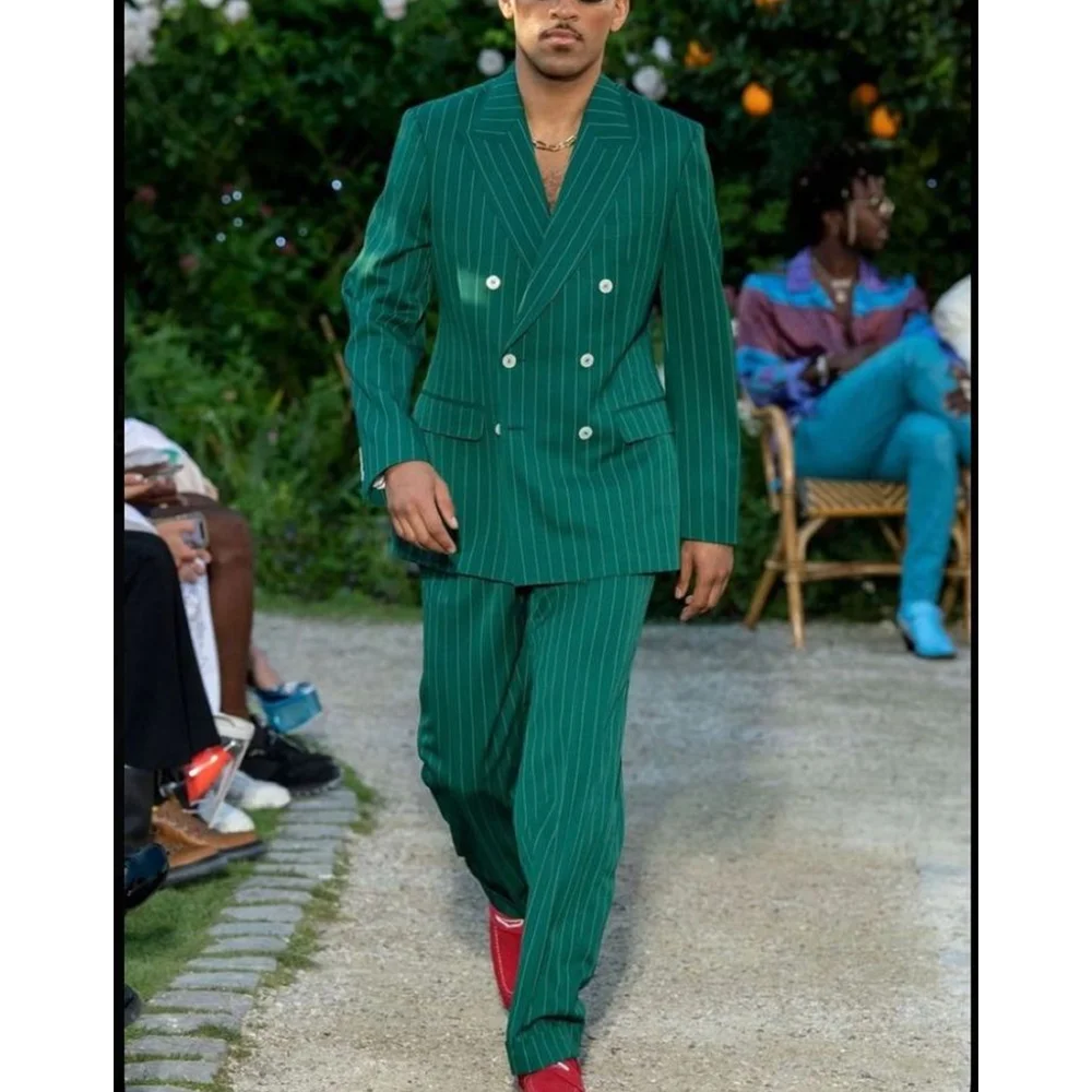 

Green Striped Suit Set Two Piece(Jacket+Pants) British Style Peak Lapel Straight Business Outfit Fashion Show Prom Male Suit