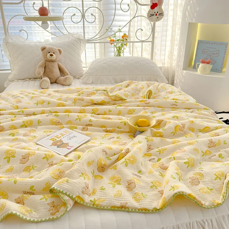 Lemon Print 100% Cotton Muslin Blanket for Kids Adults Lightweight Air Conditioner Quilt Super Soft Breathable Summer Blankets
