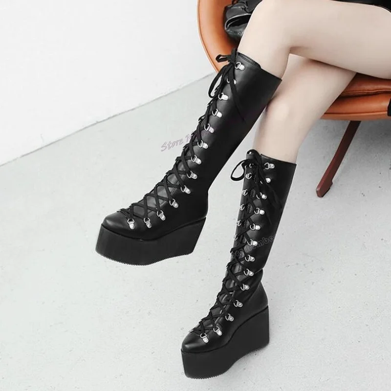 

Black Cross Tied Matte Leather Wedges Boots Pointed Toe Shoes for Women Platform Mid Calf Gothic Shoes 2023 Zapatos Para Mujere