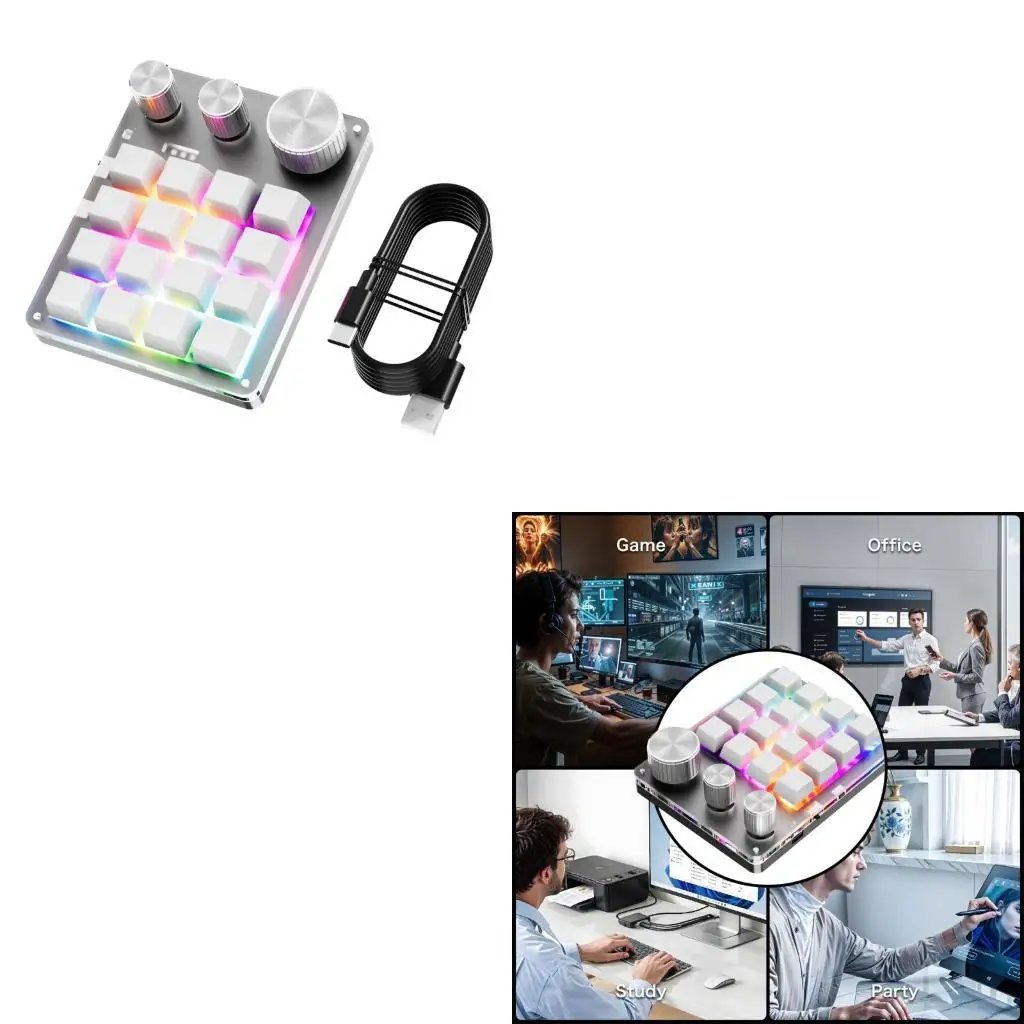 

652F USB C Macro Programmable Keypad with 16Keys Customizable and 3 Knobs Wireless