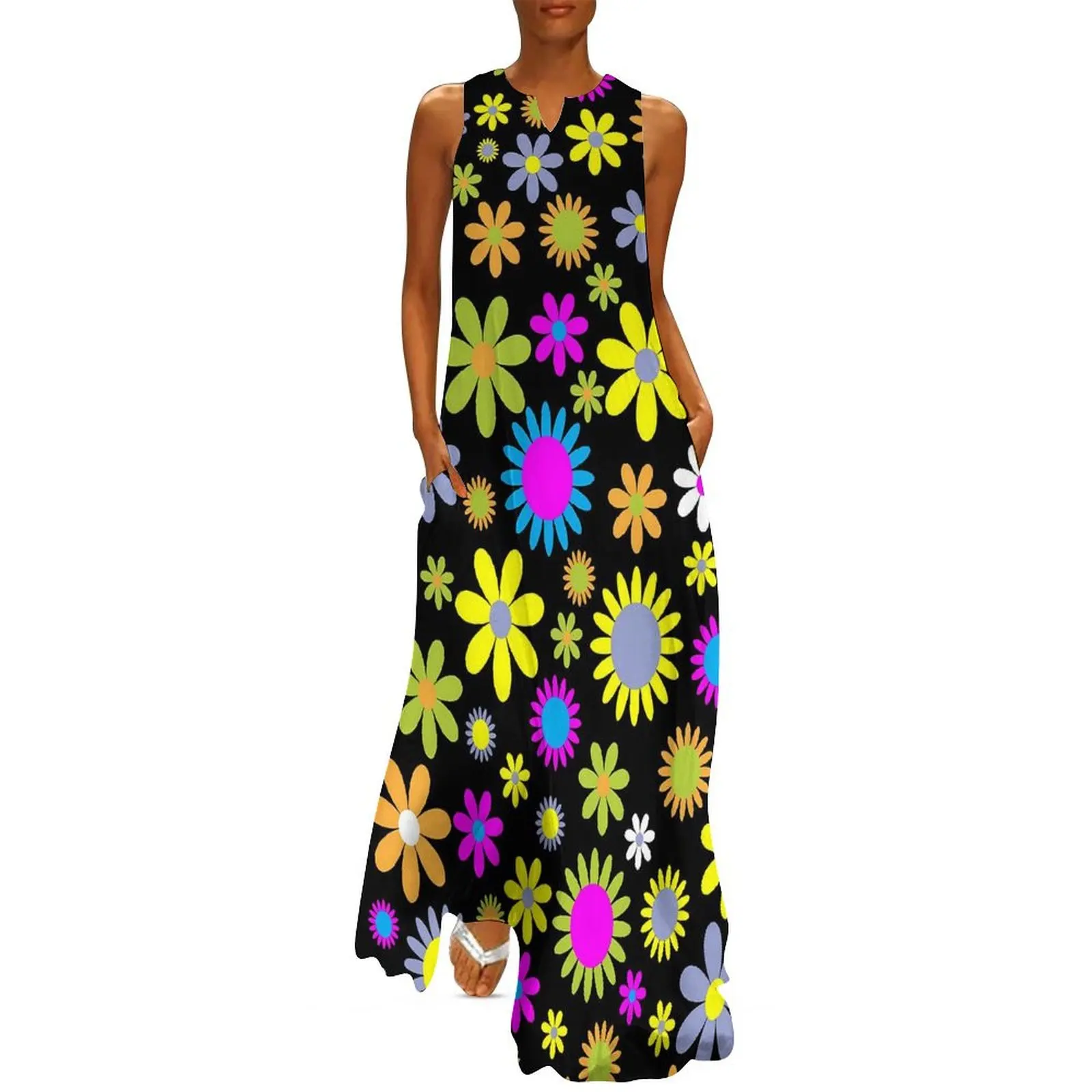 

Retro Flower 60s Dress Spring Colorful Floral Street Fashion Casual Long Dresses Ladies Kawaii Maxi Dress Gift Idea