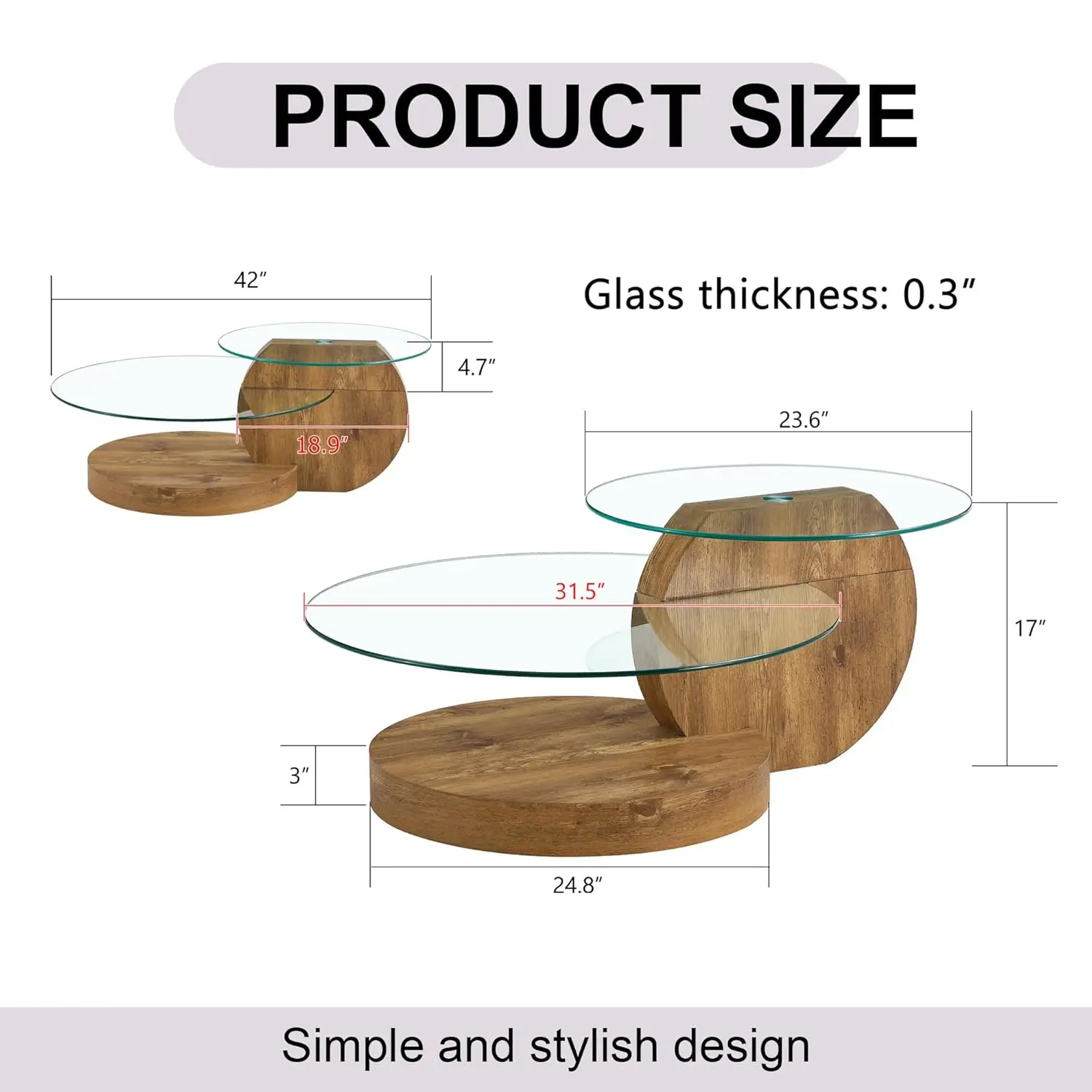 Glass Coffee Table, Modern Round Glass Coffee Table With Wooden Base, 3 Tier Round Coffee Table, Clear Cocktail Table With