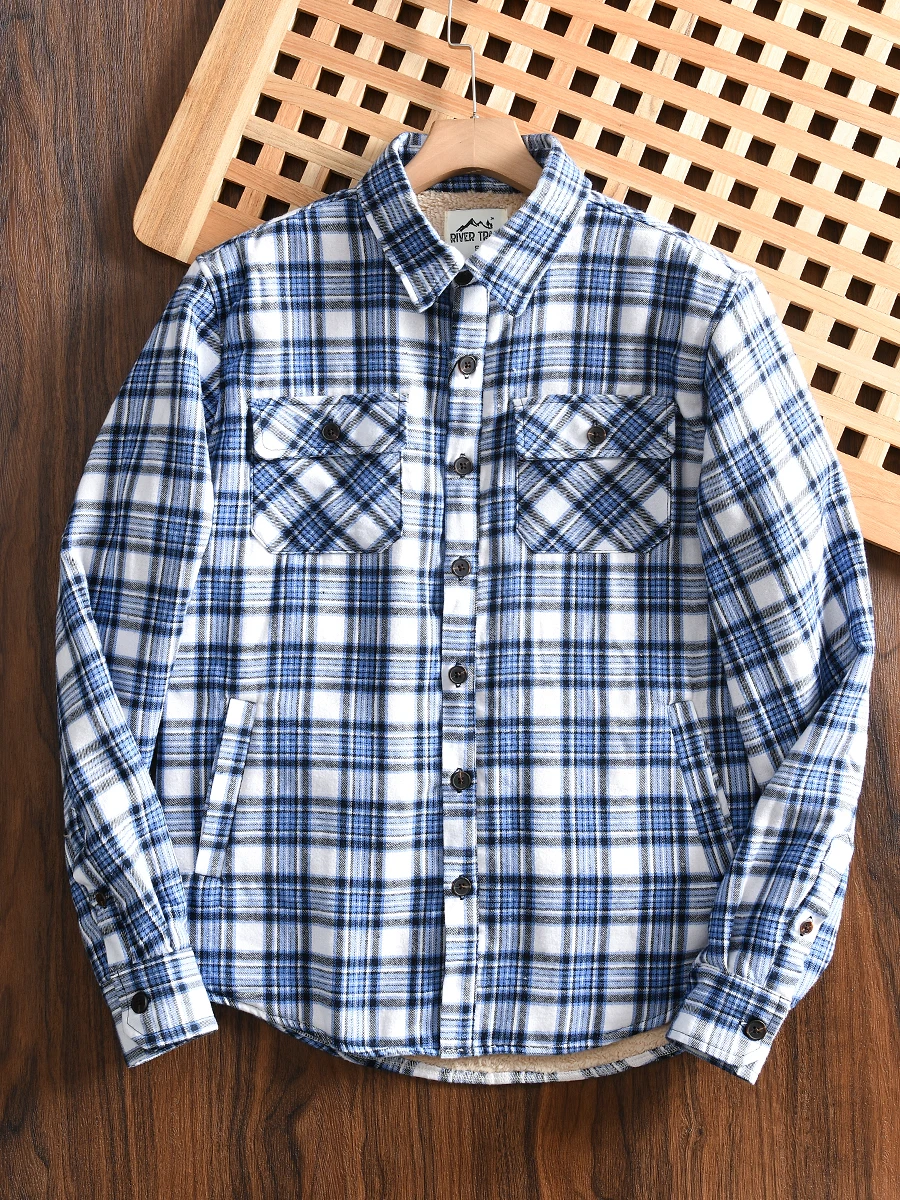 Men's Thickened Fleece Lined Long Sleeve Plaid Workwear Shirt Jacket Retro Style Autumn Winter Fashionable Standard Fit Youth