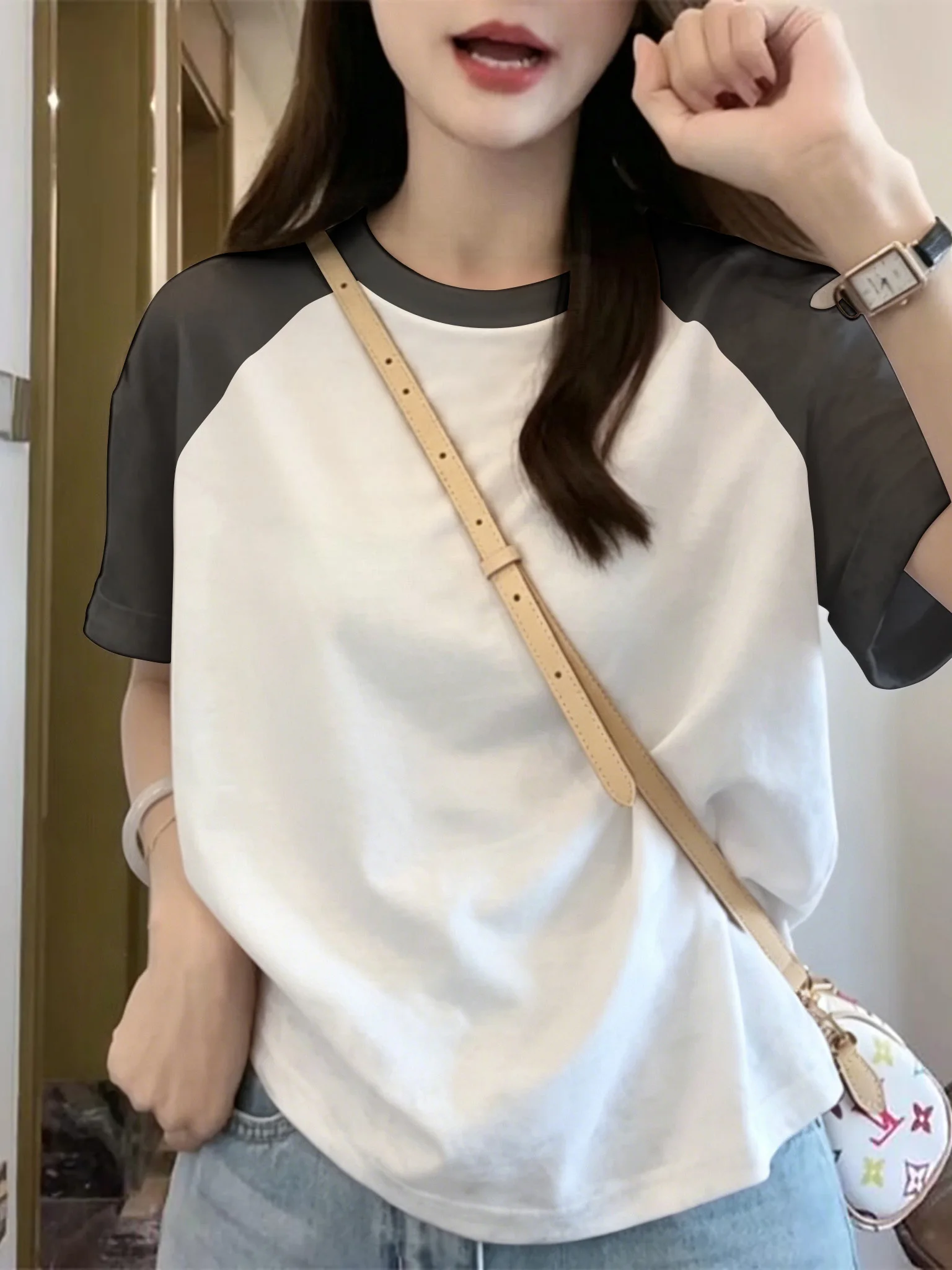 Korean Style Casual Color Block Short Sleeve T-Shirt Women Summer Loose Meat Conceal Slim round Neck Daily Wear Top