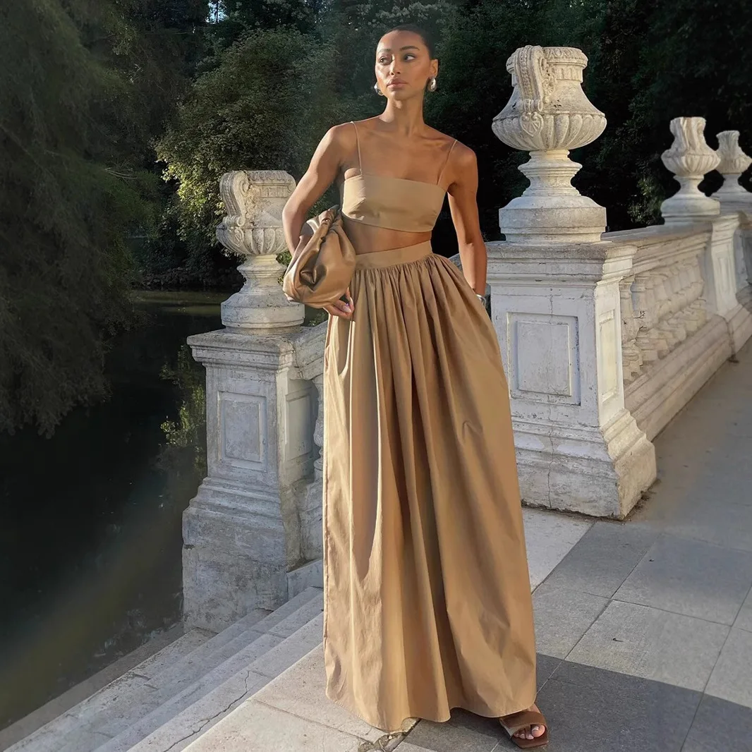 

Women Elegant Cotton Camisole Top Casual Skirt Suit 2025 Spring and Summer Fashion Solid Color Sexy Wrapped Vest Long Skirt Set