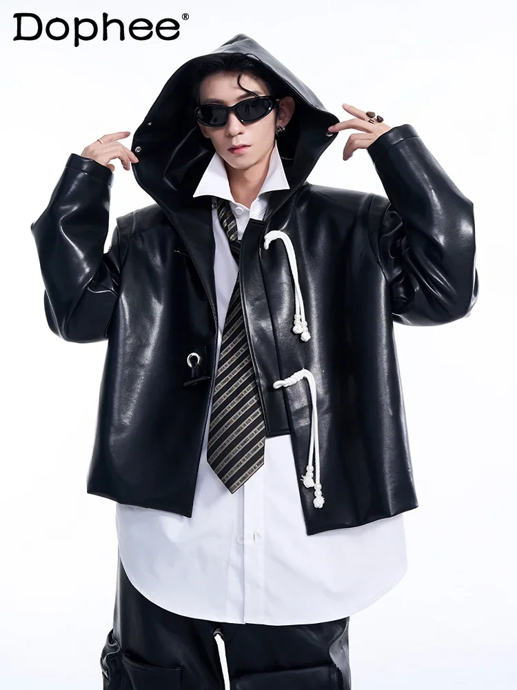 

Men's 2024 Autumn Winter New Long Sleeve Coat Locomotive Clothes Pearl Drawstring Short Leather Jacket Hooded Sweatshirts Jacket