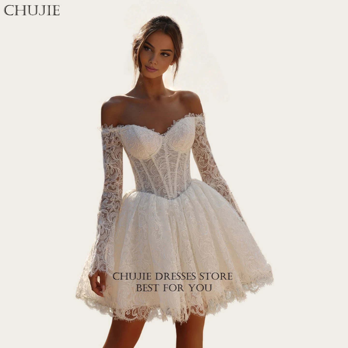 عاجي قصير كامل الدانتيل يزين زي العرائس لين مطوي كم طويل فستان الزفاف امرأة مخصصة فستان عروس Vestido de novia #1