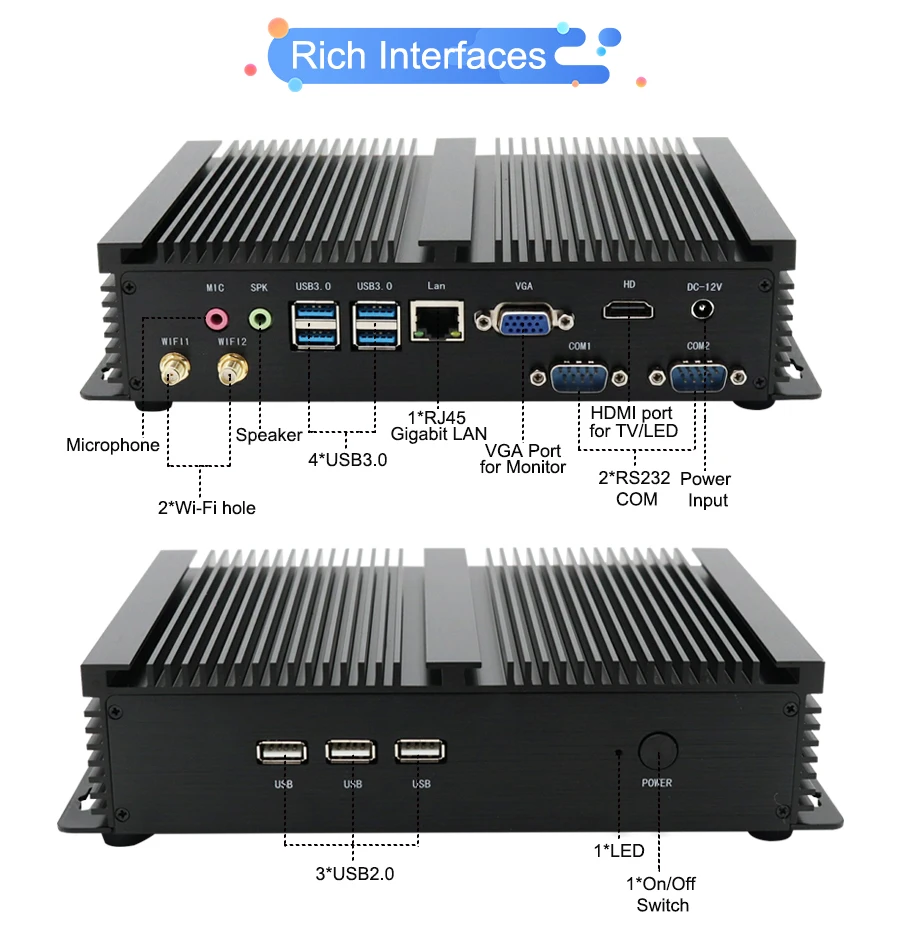 Mini computer industriale senza ventola Core i7-8550U i3 7100U 8145U Doppio terminale Rs232 COM Sistemi POS Mini Box PC incorporato HD VGA