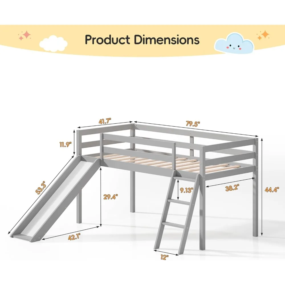 Twin Loft Bed with Slide and Ladder, Solid Pine Wood Bed Frame for Kids, Toddlers, with Storage Space, Low Height Design