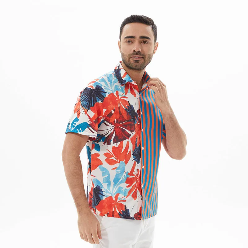 Camicie a maniche corte da spiaggia hawaiana da uomo estive moda Casual allentata oversize Patchwork stampata a righe con risvolto a contrasto