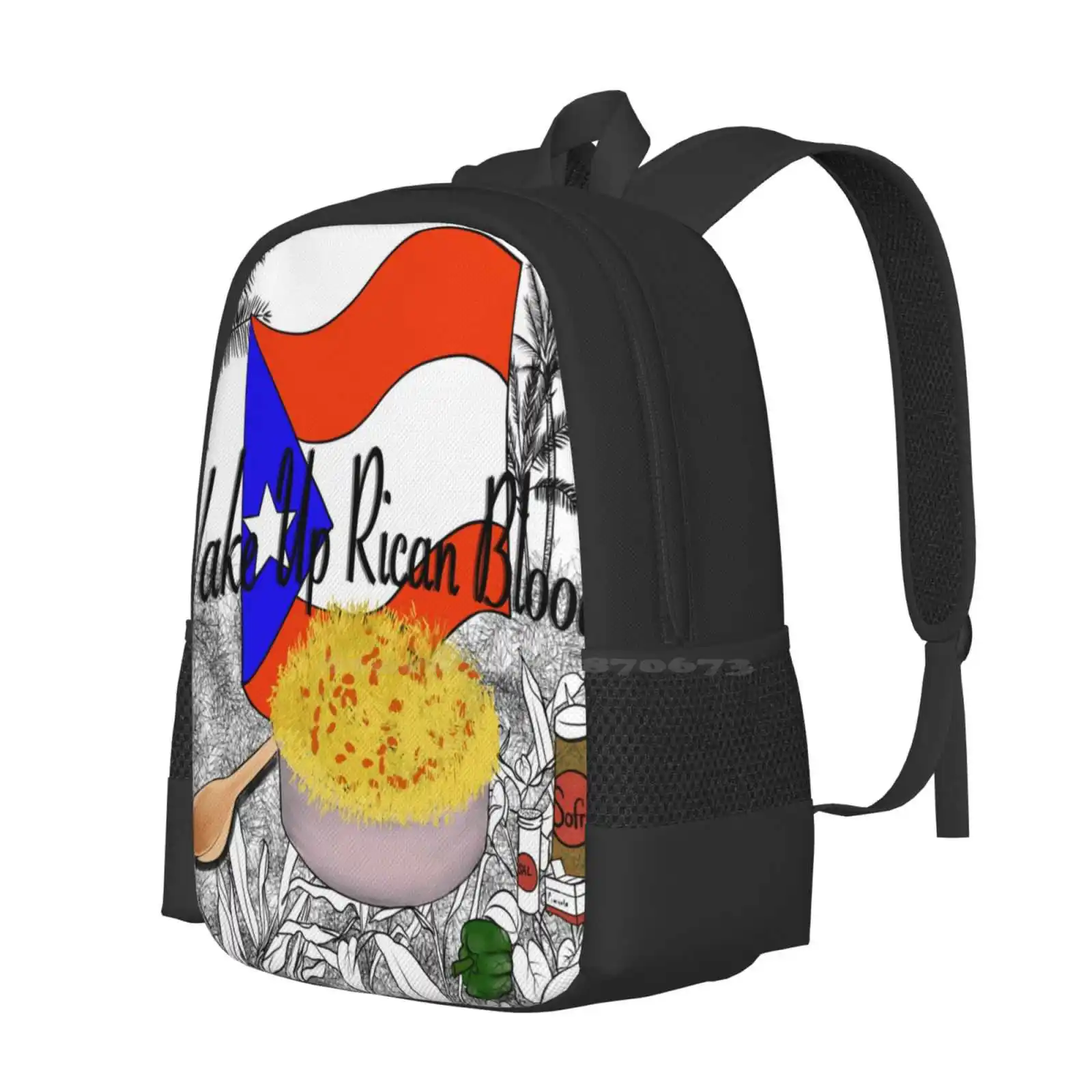 Wake Up Rican Blood Hot Sale Schoolbag Backpack Fashion Bags Arroz Rice Beans Flag Palm Trees Isla