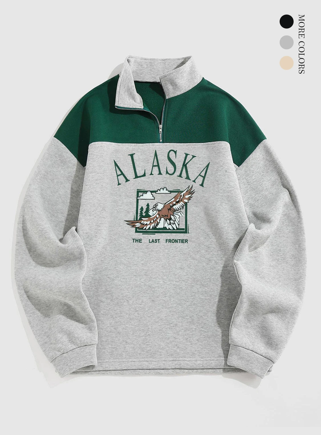 Men's Vintage ALASKA Graphic Eagle Printed Colorblock Fleece Quarter Zip Sweatshirt