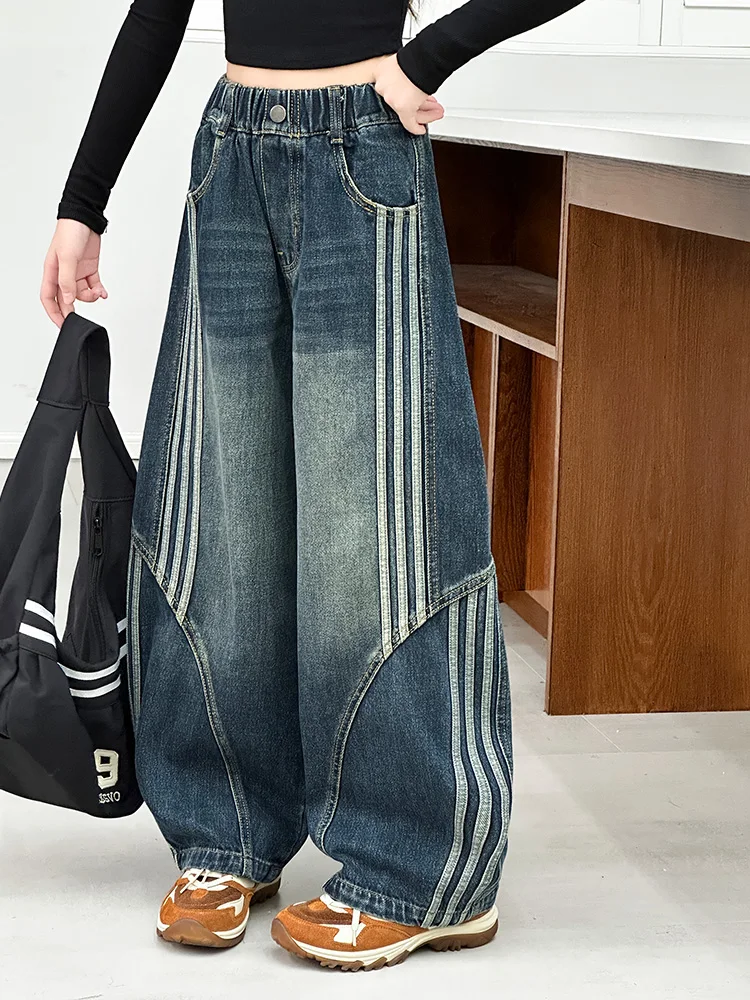 

Girls' Autumn Denim Pants 2026 New Sle Middle School Girls' Knife Pull Strip Wide Leg Pants Casual Loose Fit Jeans