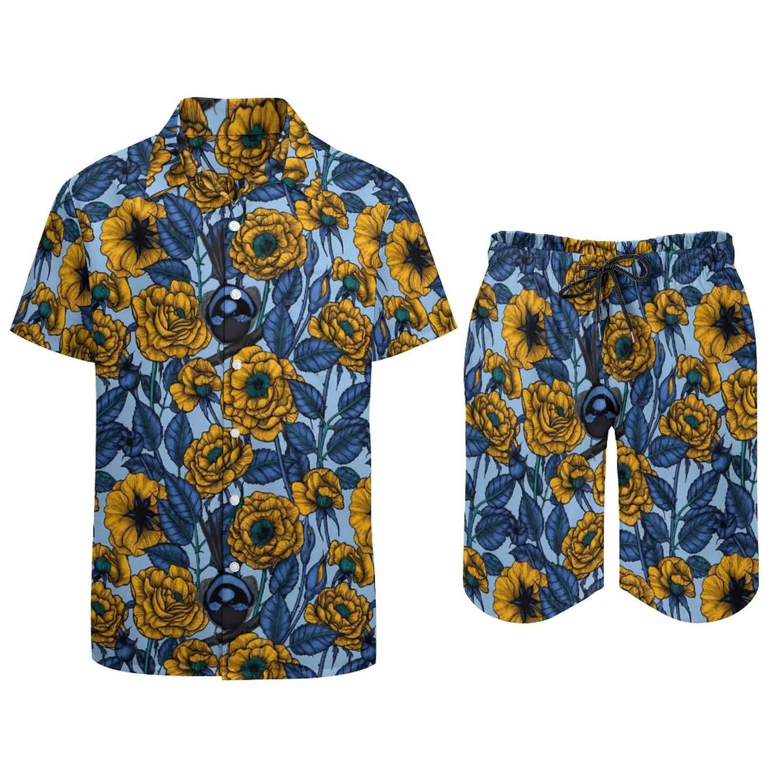 Ensemble de chemise de vacances graphique pour hommes, manches courtes, shorts décontractés trempés, vêtements respirants, Wren in the trash, oiseaux et fleurs, été