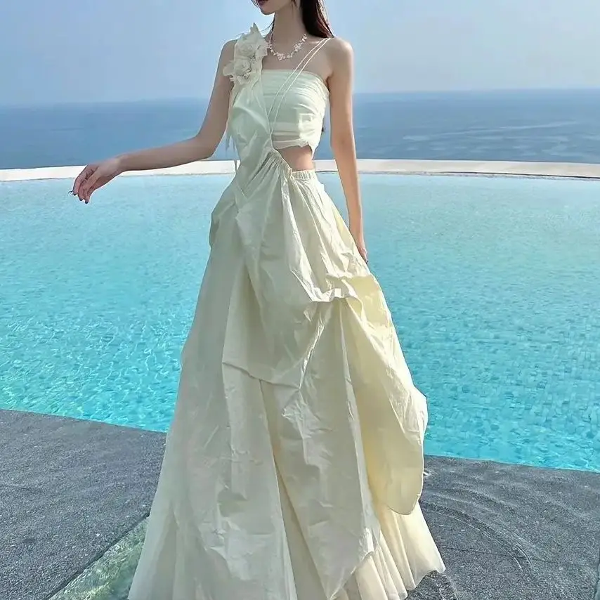 

Long Skirt Tube Top Hollow Asymmetrical Fairy Elegant Cool Pleated Waist 2024 Summer New Mermaid Dress Skirt Holiday Skirt