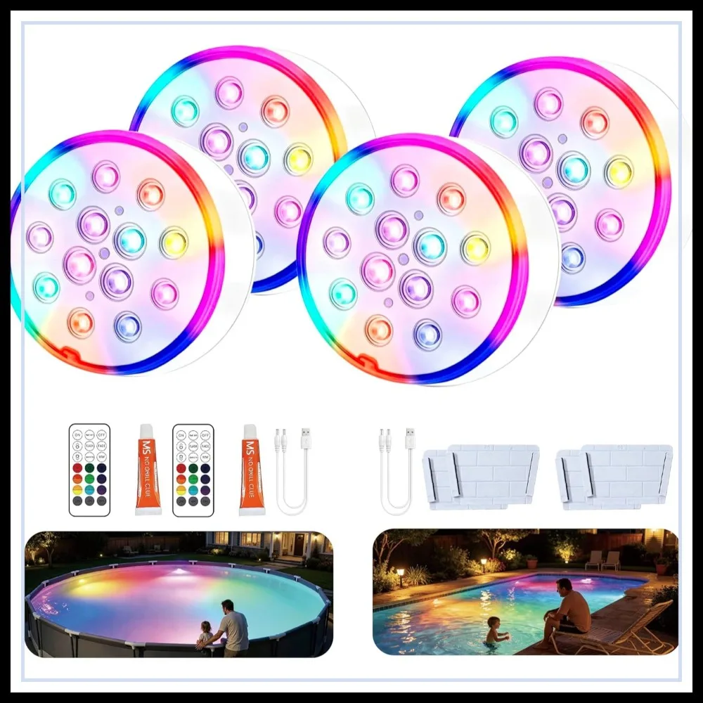 

Upgraded Magnetic Pool Lights for Above & Inground Pools, Rechargeable Underwater RGB 16 Colors LED with Remote & Timer, 4 Pack