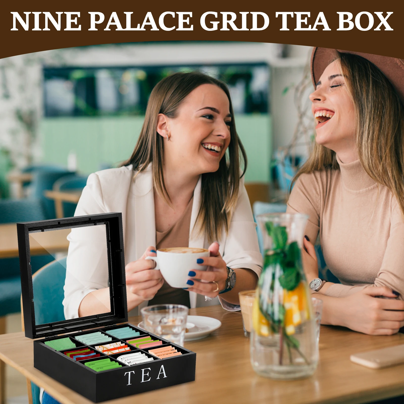 Wood Tea Bag Storage Box with Clear Lid 9 Compartments Square Container Desktop Jewelry Organizer Tea Box Case