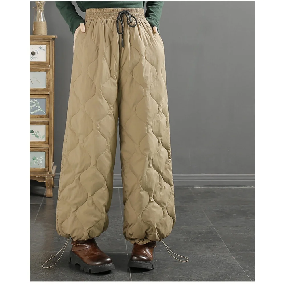 Women Quilted Padded Warm Pants Elastic Waist Adjustable Drawstring Cuff Loose Lantern Casual Winter Trousers With Pockets