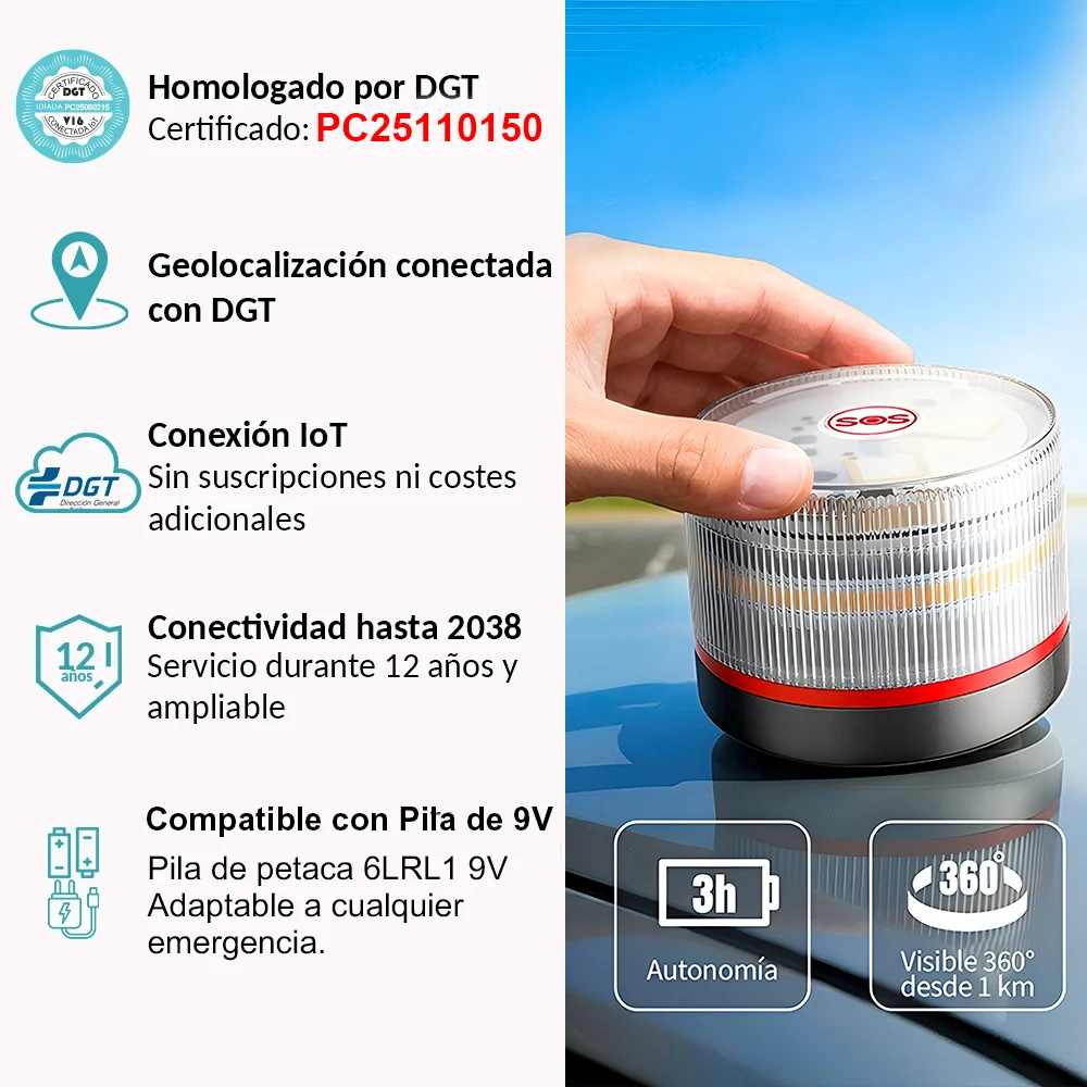 

V16 Car Emergency Light, Geolocation 3.0, SIM & Paid Data Until 2038, Mandatory Jan 2026 Model with 360° Vision with Batteries