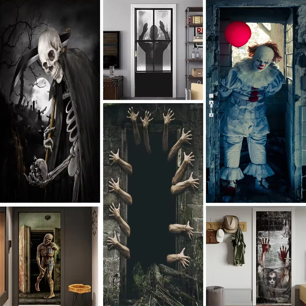 

Halloween Skeleton Scary Ghost Door Stickers PVC Waterproof Home Decorative Horror Witch Mummy Door Wrap Mural Poster Removable