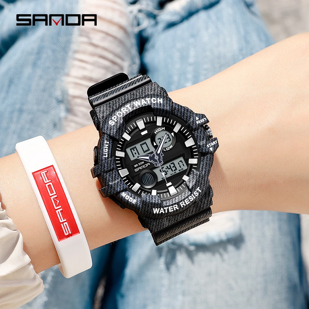 SANDA Outdoor Sports Chronograph Watch 2023 New Women Dual Display Watch Luminous HD LED Womens Watches 50M Waterproof 3038