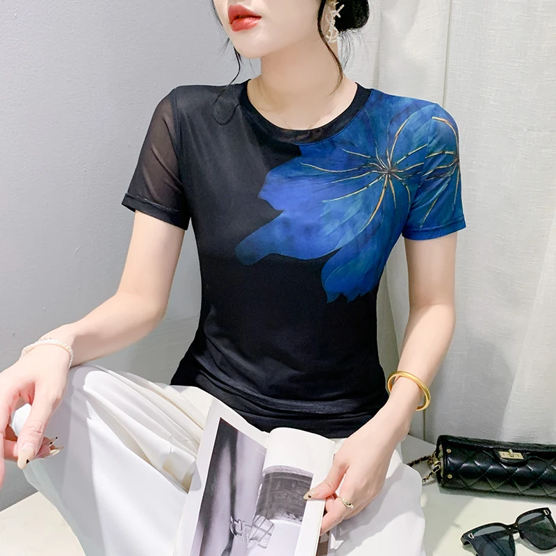 

Black Summer Korean Style Mesh T-Shirt Fashion Sexy O-Neck Print Plants Flower Women Tops Bottoming Shirt Tees 2024 New 452301