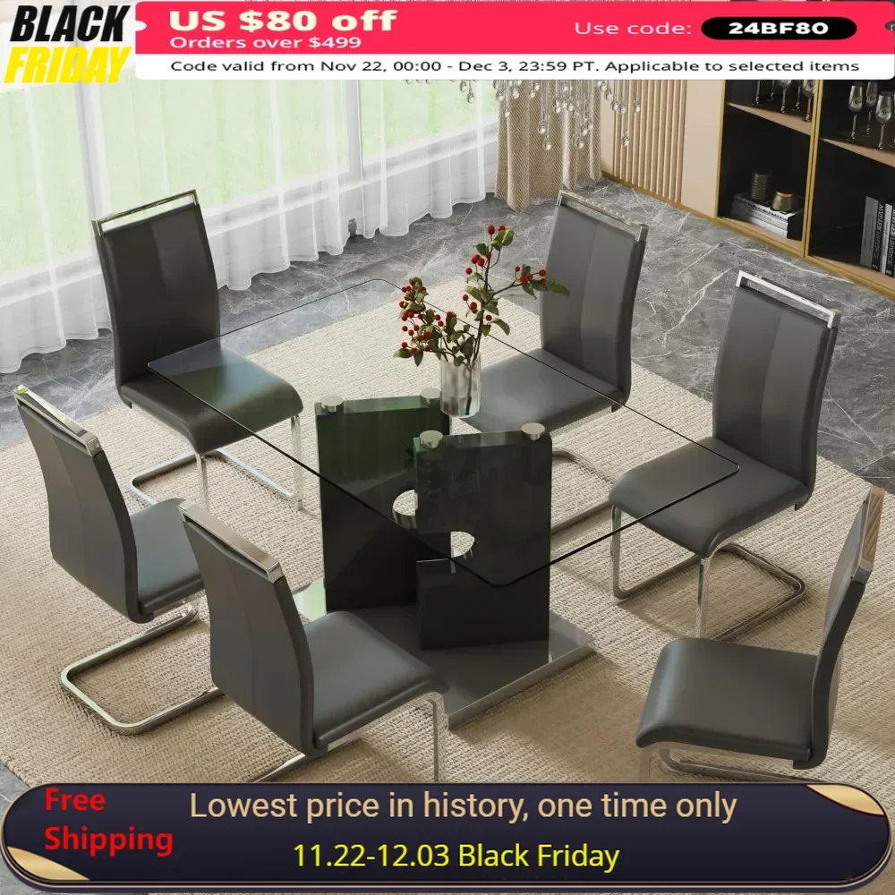 

Dining Table Set for 6, Tempered Glass Tables Top & Modern Design MDF Base, 6 PU Leather Ergonomic Chairs, 7PCS Dining Table Set