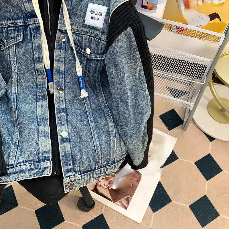 Japanische Vintage y2k Jacken Kapuze Strick Patchwork gefälschte zweiteilige Reiß verschluss übergroßen Jeans mantel Herbst alle passen Damen bekleidung