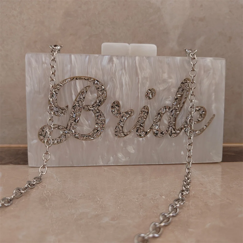 Imagem -05 - Pérola Branco Nome Letra Prata Ouro Glitter Noiva Festa de Casamento Noite Acrílico Pvc Caixa Garras Senhora Grânulo Alça Carteira Bolsas