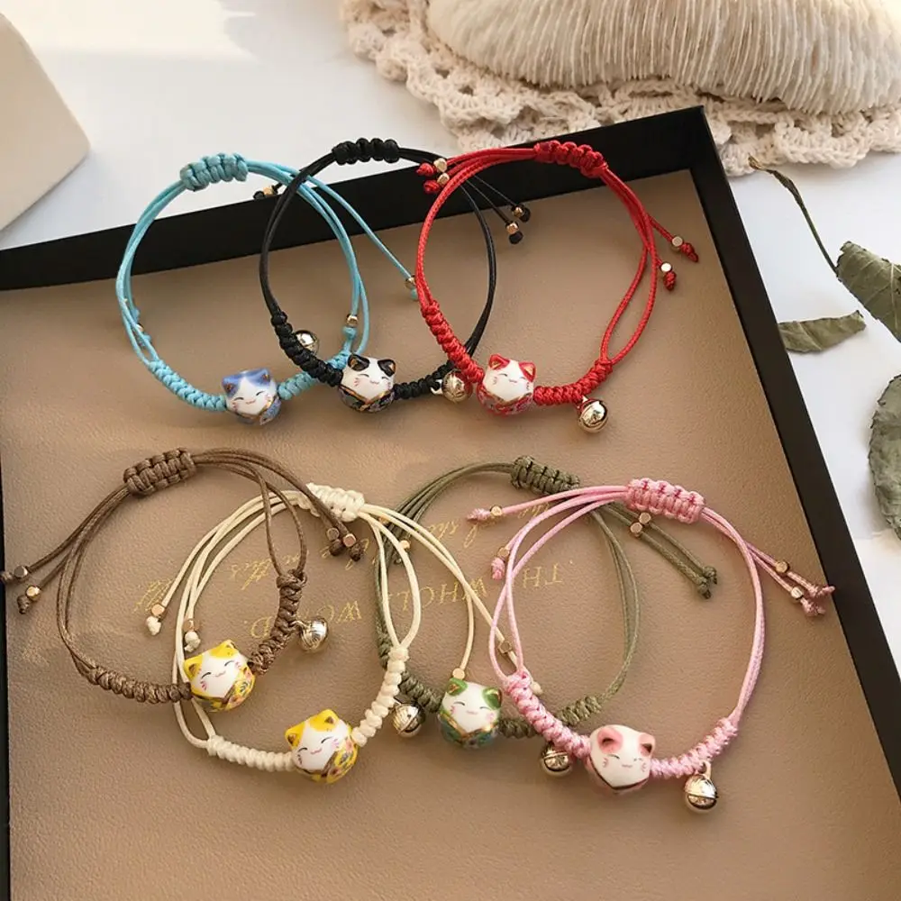 

Cute Hand Rope Handmade Gifts Ceramic Cat Pendant Chinese Style Jewelry Women Hand Ring Maneki Neko Bracelet Red Braided Rope