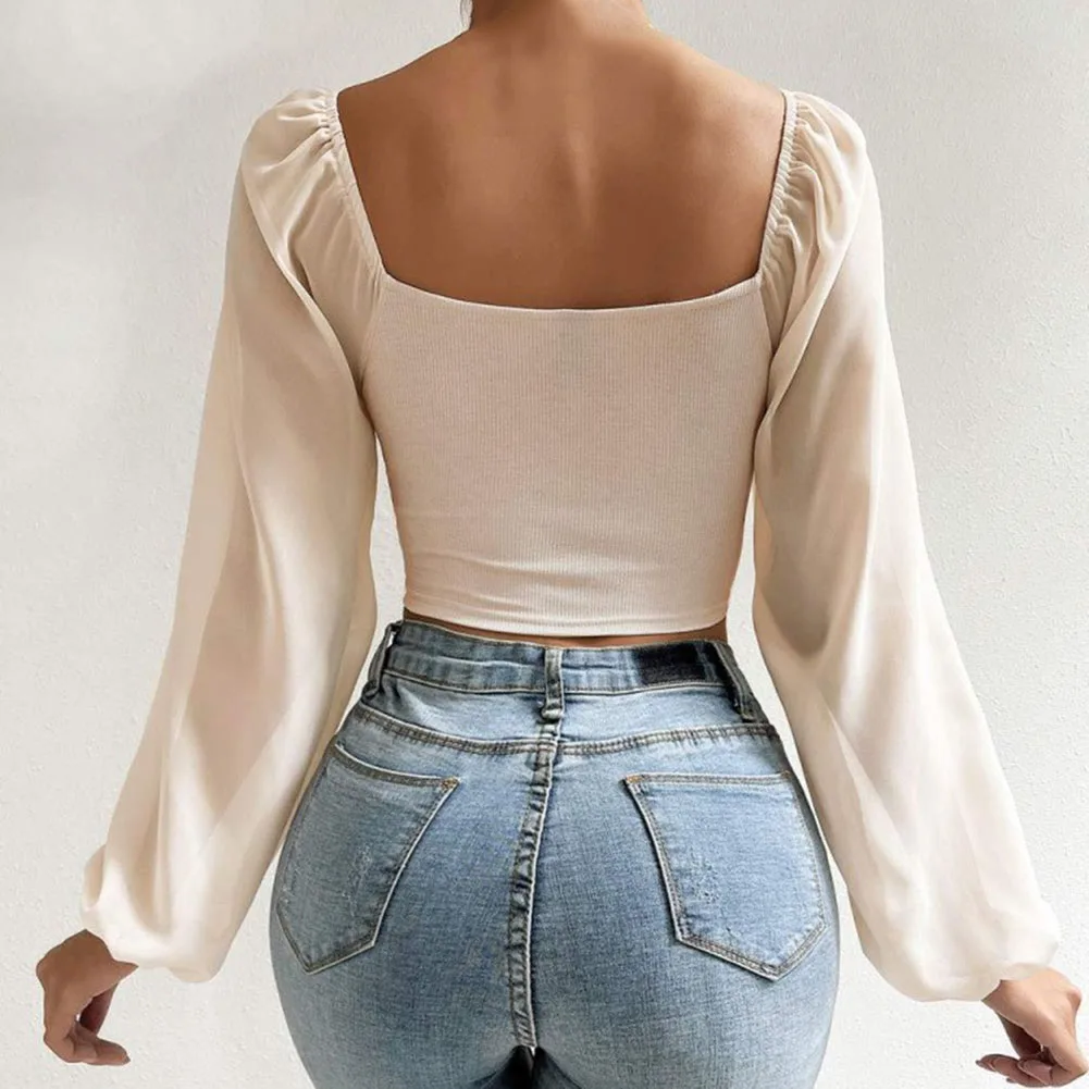 Sexy Summer Chiffon Blouses Women Solid Color Streetwear Puff Sleeve V-Neck Drawstring Hot Tees Crop Tops Blouse Female Clothing